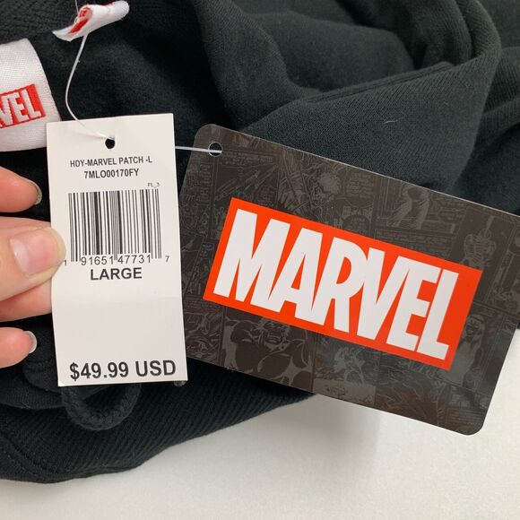 Marvel Hoodie Womens L Large Black Patch Logo Pullover Fleece Sweatshirt New - Picture 12 of 15